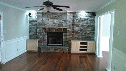 Family room. Stone fireplace