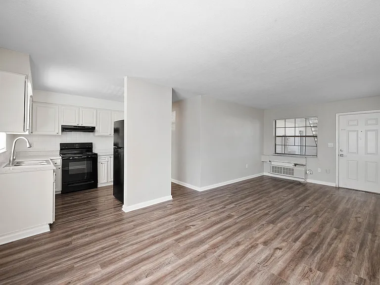 Bright open-concept living space with modern kitchen, featuring sleek appliances and elegant hardwood flooring.