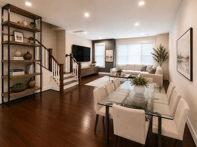 Dining and living space in a flexible open floor plan.