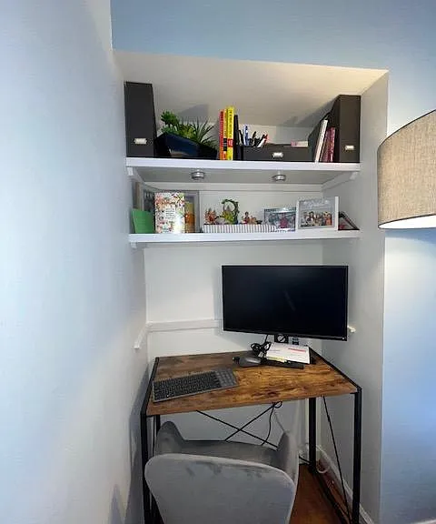 In-built shelving and desk nook. Have a third shelf if no desk desired. Perfect WFH setup.