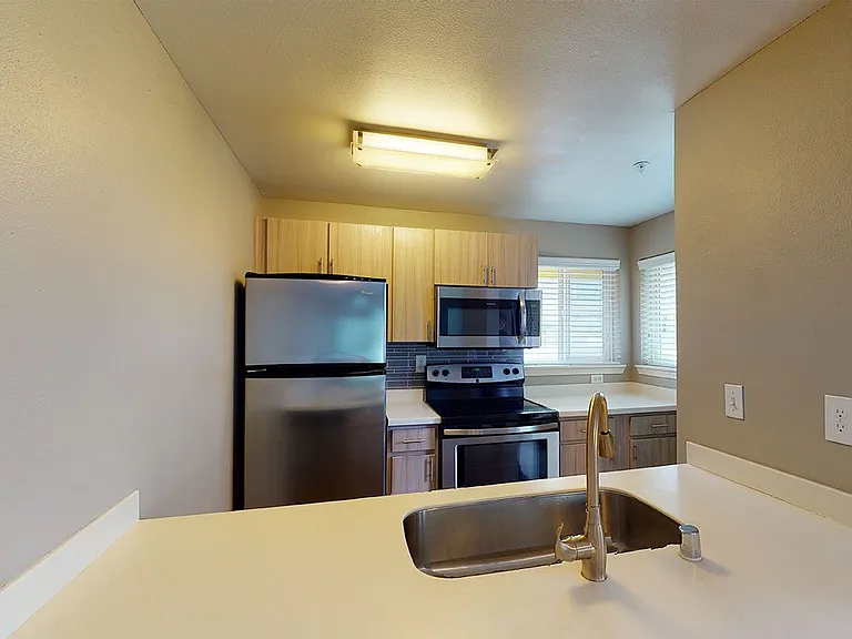 Apartment kitchen with stainless steel appliances, quartz countertops and wood-style flooring.