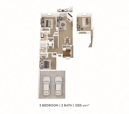 Floor plan Three Bedroom 2 Bath Townhome- 1255 sqft