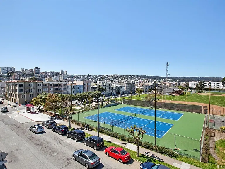 View of Moscone Park across the street and bus stop