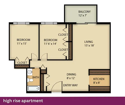 Floor plan High Rise Apartment: 2 Bed + 1 Bath