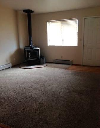 the living room with a wood burning fireplace