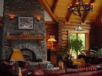 Stacked stone fireplace.
