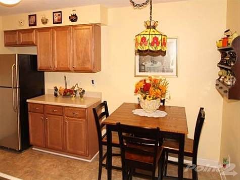 Honey colored maple cabinets and Stainless Steel appliances.