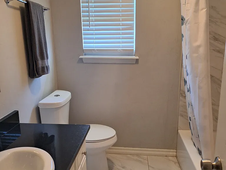 Hall bathroom with bathtub and shower.