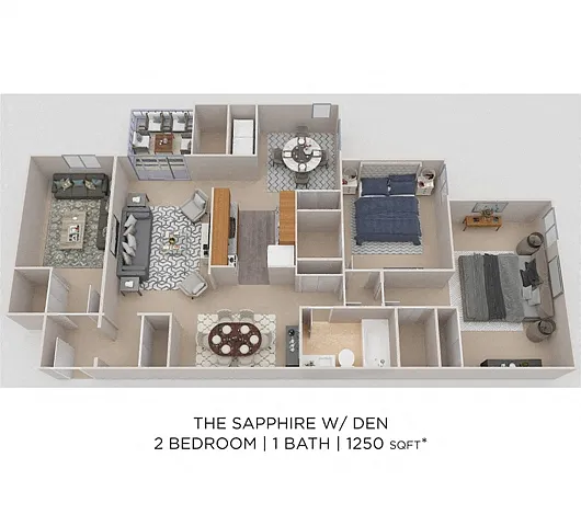 Floor plan Two Bedroom w/ Den- 1,250 sqft