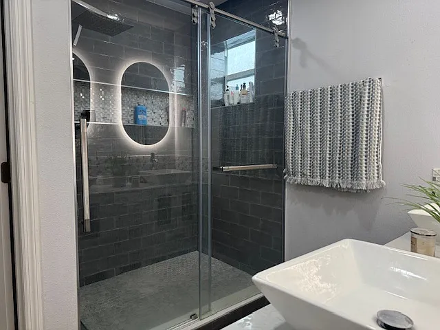 Spa-like walk-in shower with glass enclosure and modern finishes