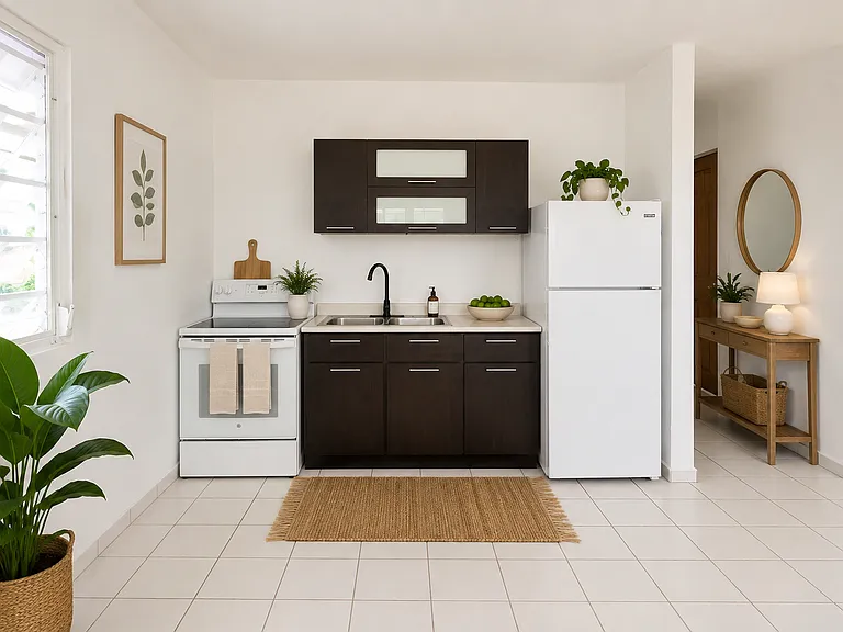 This photo shows the kitchen area digitally staged to give you ideas for kitchen decor.