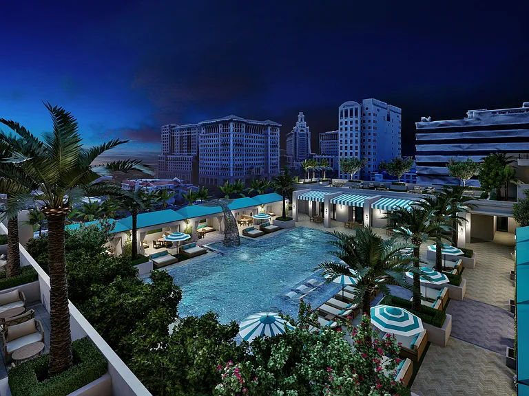 Resort Deck features 75-foot pool, private cabanas, loungers, and BBQs for ultimate relaxation.