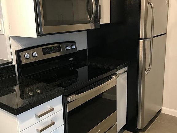 Stainless steel, stove, microwave and fridge