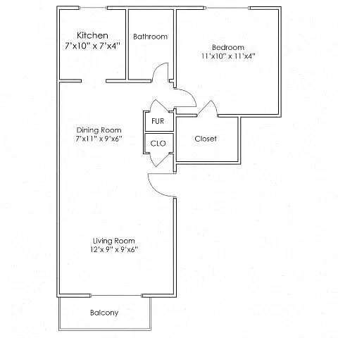 Floor plan 1 Bedroom, 1 Bathroom - 735 SF