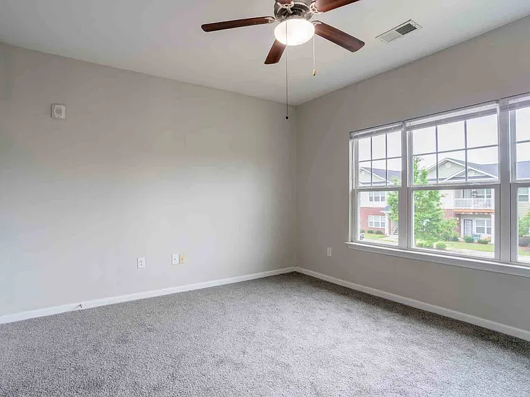 Large bedroom with neutral tones, carpet flooring, ceiling fan, and oversized windows offering abundant natural light at Cedar Terrace Apartments.
