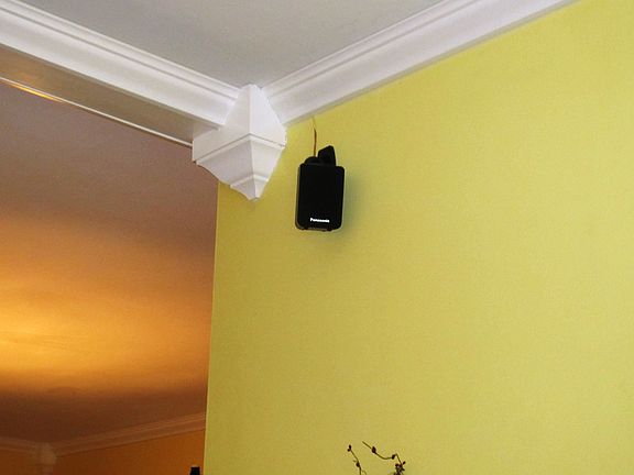 Living room wired for surround, Crown Moulding close up