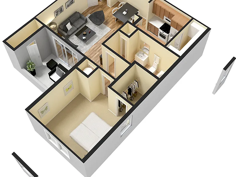 Charming 3D floor plan showcasing a cozy one-bedroom apartment with an open living area, sleek kitchen, and modern bathroom. Charming 3D floor plan showcasing a cozy one-bedroom apartment with an open living area, sleek kitchen, and modern bathroom.
