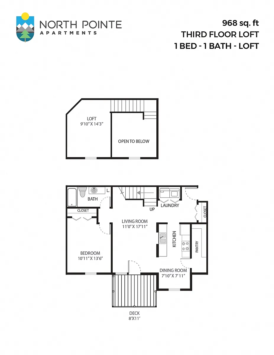 Floor plan 1 Bed, 1 Bath - 967 sq ft