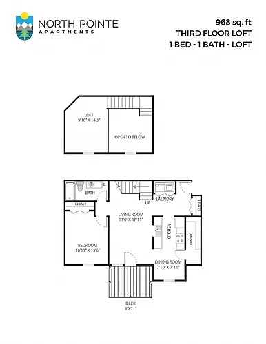 Floor plan 1 Bed, 1 Bath - 967 sq ft