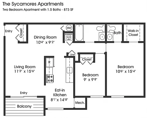 Floor plan 2BR 1.5BA (873sf)