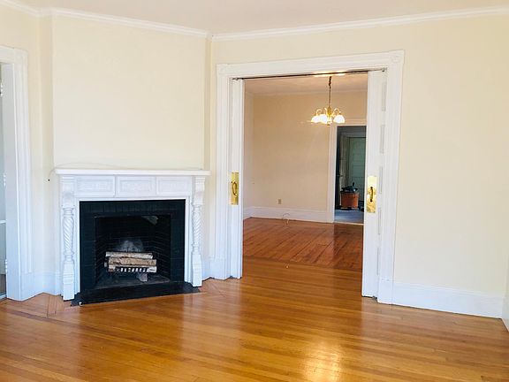 Living room fireplace feature (view into dining room).