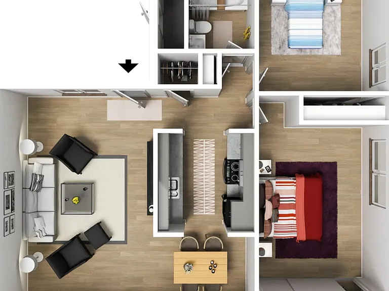 Charming 3D floor plan showcasing two cozy bedrooms, a stylish living area, modern kitchen, and inviting dining space. Charming 3D floor plan showcasing two cozy bedrooms, a stylish living area, modern kitchen, and inviting dining space.