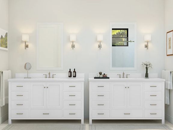 Primary bath with freestanding vanities