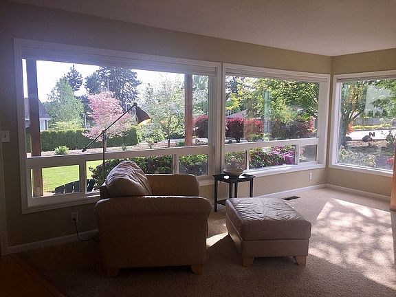 Living room view of yard. 