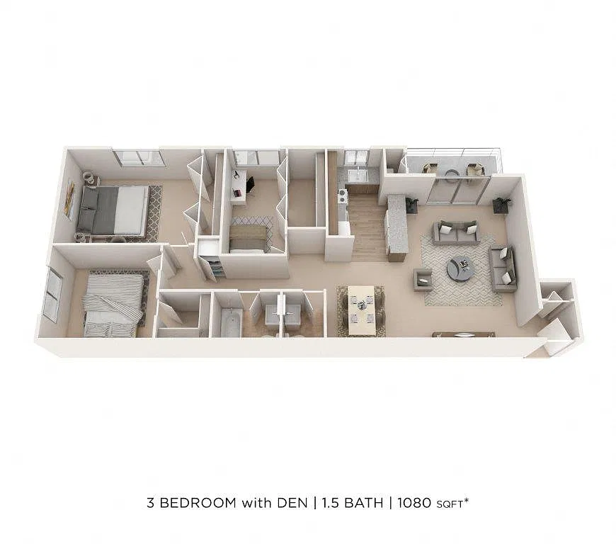 Floor plan Three Bedroom 1.5 Bath - 1,080 sqft