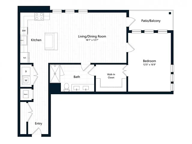 Floor plan One Bedroom One Bath (921 SF)