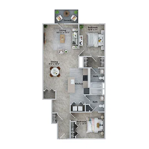 Floor plan Two Bedroom Two Bath (1219sf)