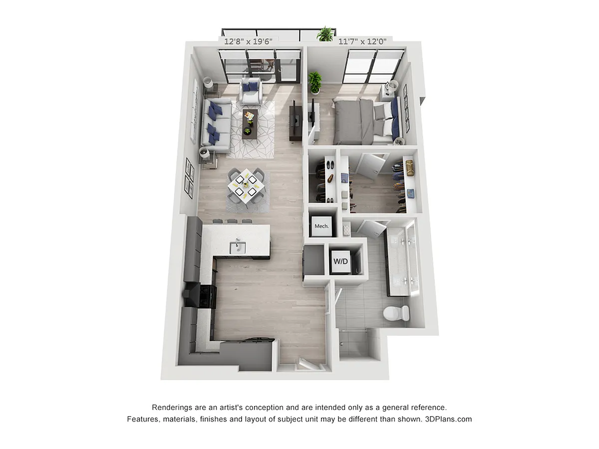Floor plan One Bedroom One Bath Penthouse (887 SF)