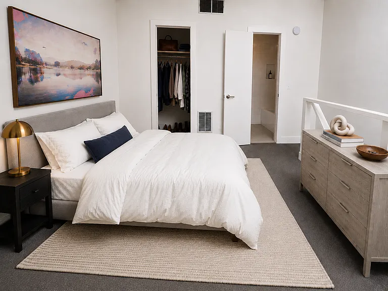 Loft bedroom with bathroom and walk-in closet.