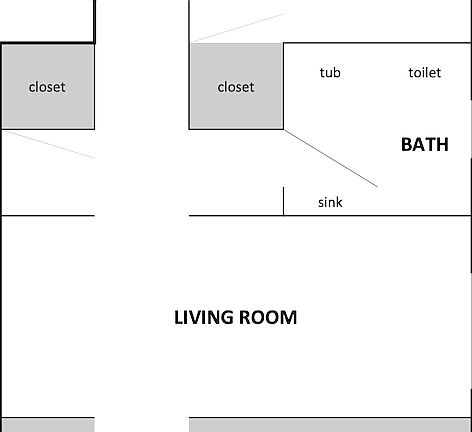 Floor Plan - Bedroom 1 is at the front of the unit, Bedroom 2 is in the back.