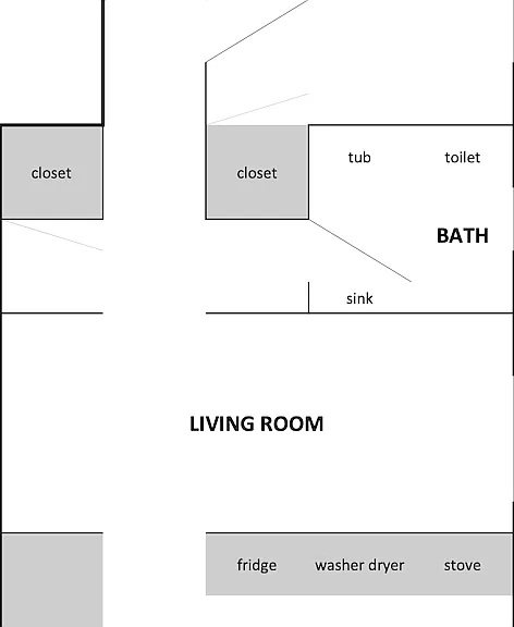 Floor Plan - Bedroom 1 is at the front of the unit, Bedroom 2 is in the back.