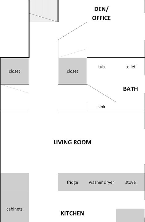 Floor Plan - Bedroom 1 is at the front of the unit, Bedroom 2 is in the back.