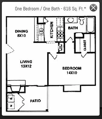 Floor plan One Bedroom One Bath 616sq ft