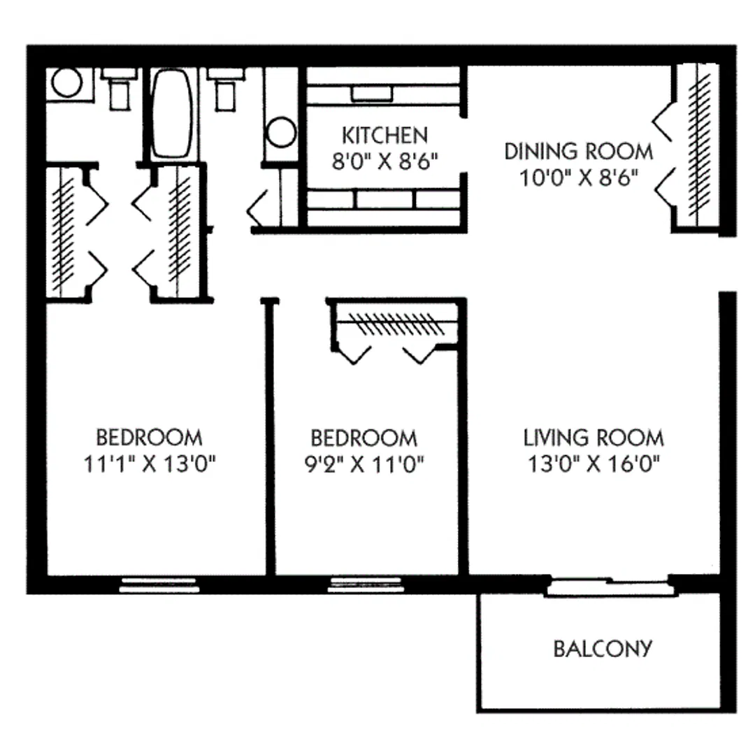 Floor plan 2 Bedroom, 1.5 Bath (884 sqft.)