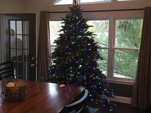 Dining room with vaulted ceilings and custom windows, view o