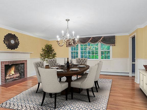 Elegant dining area with fireplace
