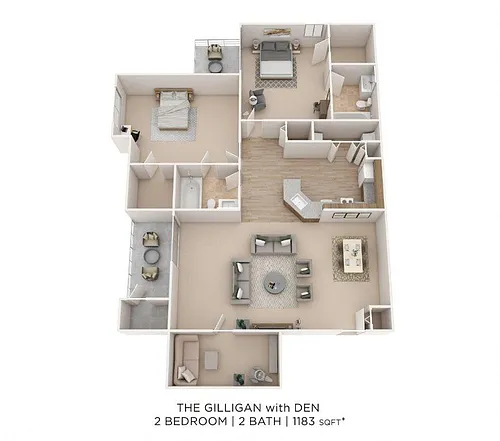 Floor plan Two Bedroom 2 Bath w/Den-1183 sqft