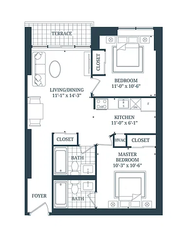 Floor plan 2 Bedroom 2 Bed 1 Bath 5