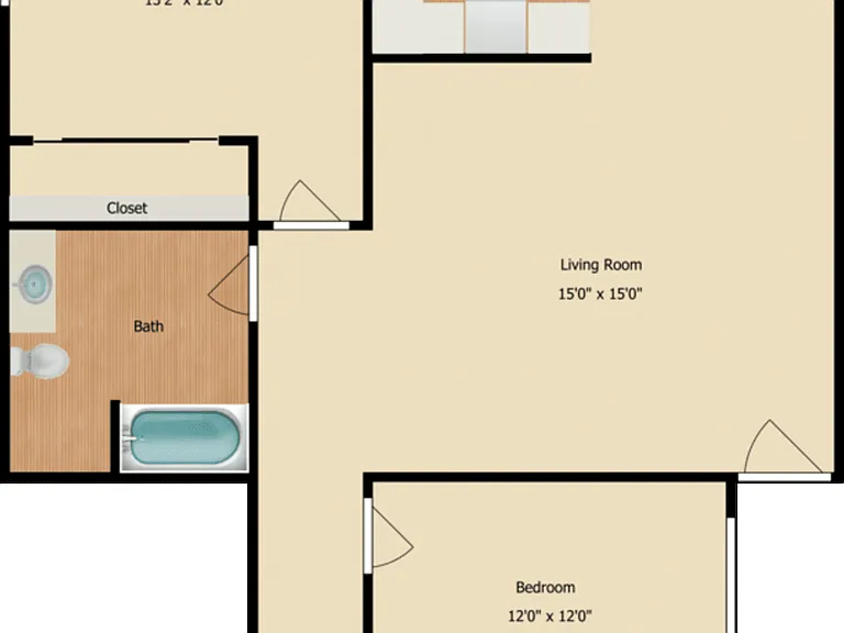 2 Bed 1 Bath Floorplan Diagram