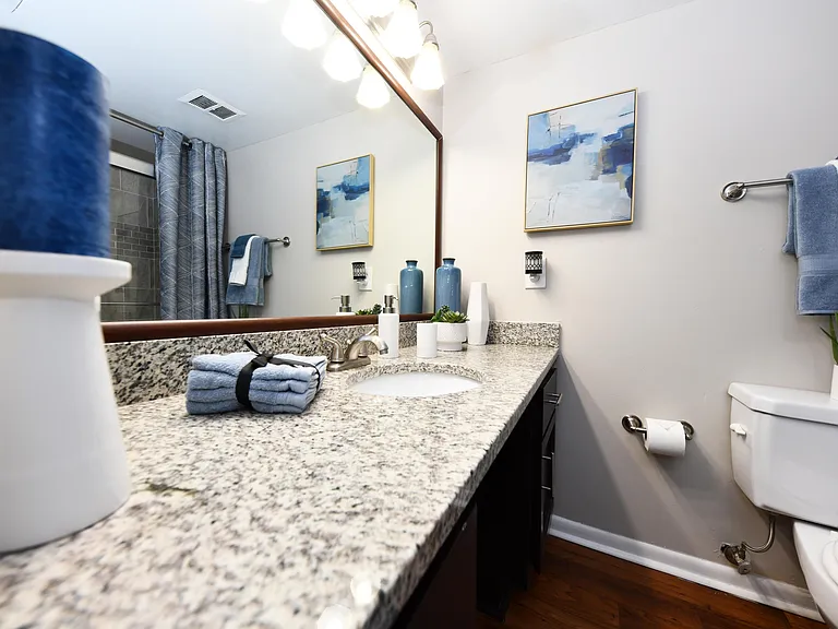 Bright bathroom with granite counters and bathtub
