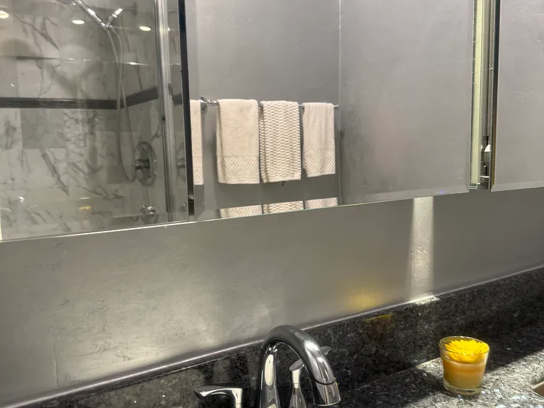 Downstairs bathrooms features 2 double beveled mirror medicine cabinets, venetian plaster silver walls, marble floors and shower and pull out shower head and sink faucet for easy cleaning.