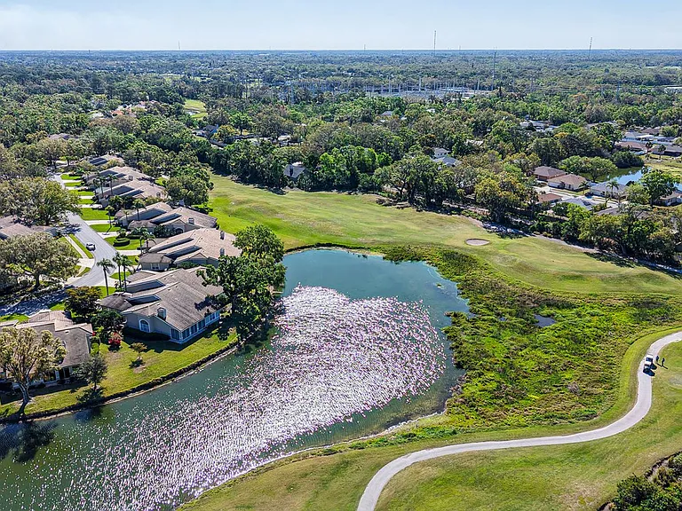Aerial with golf fairway