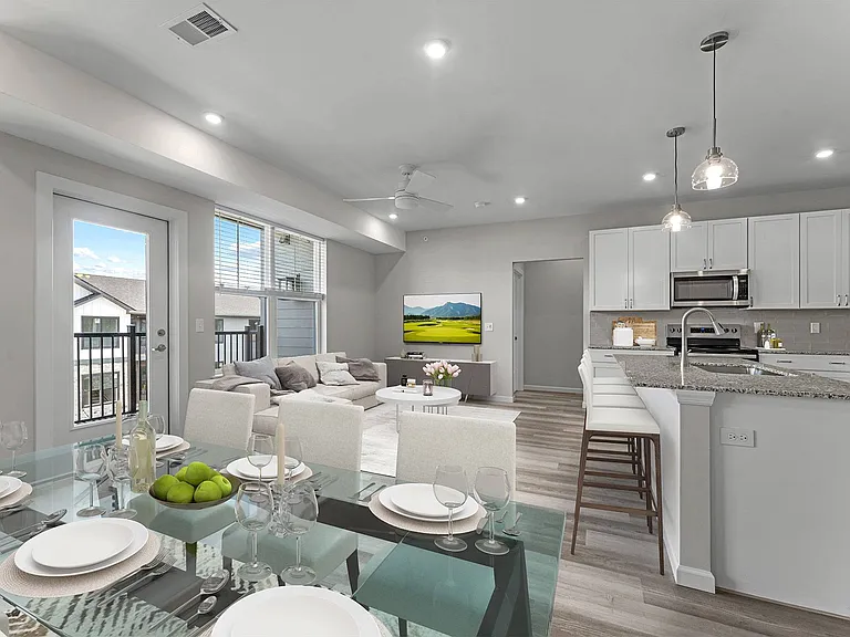 Kitchen Island, Dining, and Living Room