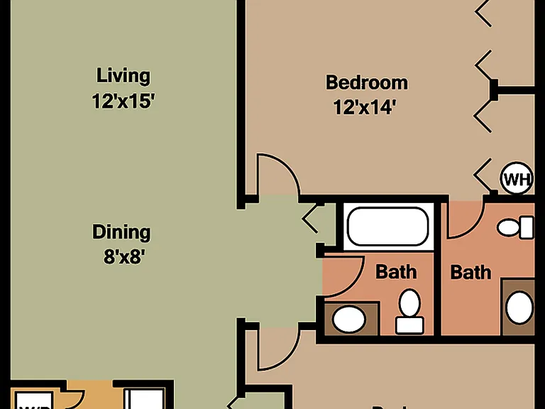 Charming apartment floor plan featuring 2 spacious bedrooms, open living and dining area, cozy kitchen, and inviting patio. Charming apartment floor plan featuring 2 spacious bedrooms, open living and dining area, cozy kitchen, and inviting patio.