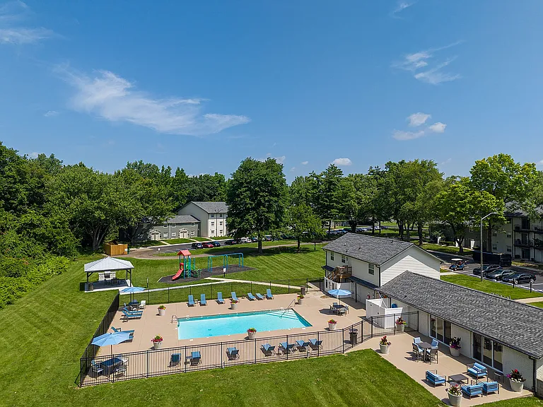 Aerial view of the pool & sundeck