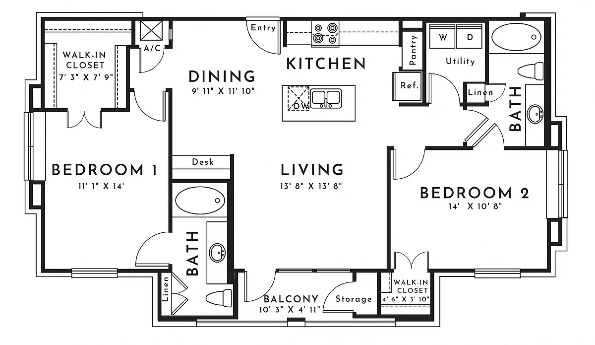 Floor plan 2BR 2BA (1084 SF)